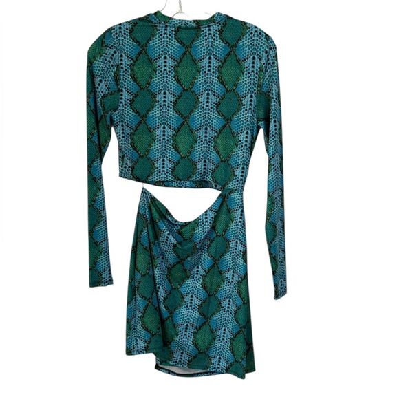 AFRM: Iman Snakeskin Print Cutout Long Sleeve Minidress in Teal Snake – Med - Picture 5 of 6